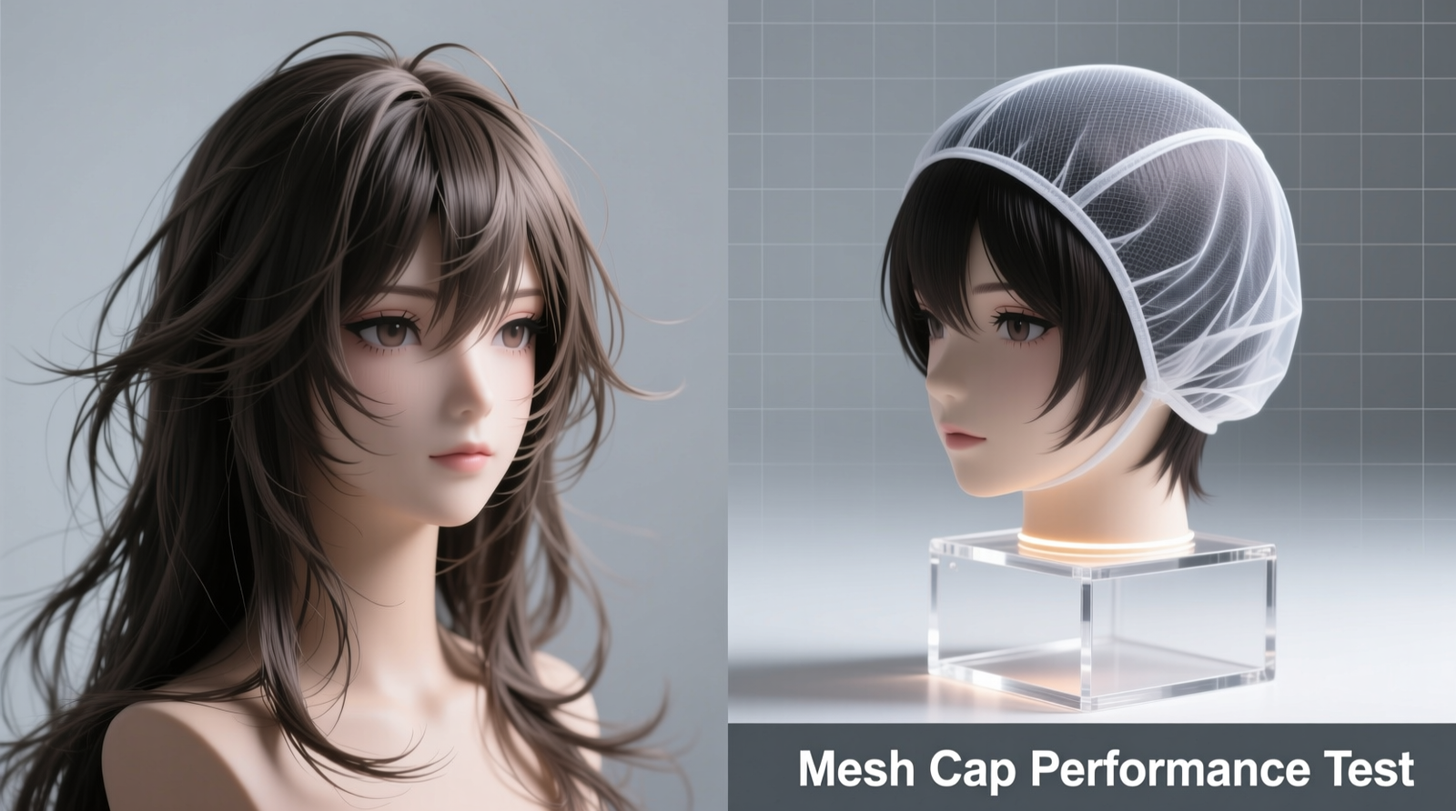 Side-by-side comparison: left shows an anime cosplay wig draped loosely over a wig head with visible flyaways and kinks; right shows identical wig fully covered with translucent breathable mesh cap, fibers aligned smoothly from crown to ends, mounted on ventilated acrylic stand