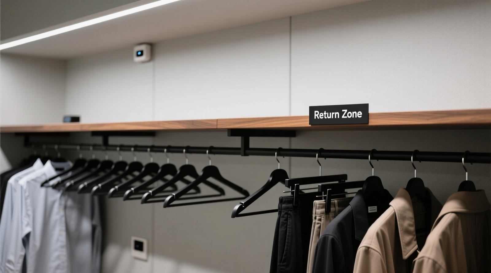 A minimalist closet with uniform hangers, grouped by category, and a small labeled shelf at eye level marked 'Return Zone'—no visible electronics or sensors