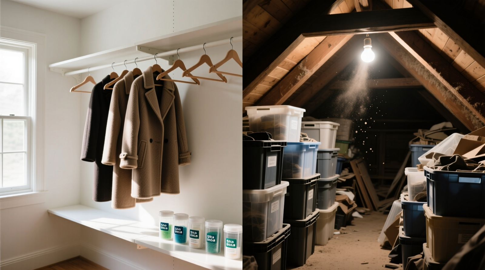 Side-by-side comparison: left shows wool coats hung with spaced padded hangers inside a bright, airy interior closet with visible silica gel canisters on lower shelf; right shows cramped attic storage with plastic bins, dusty rafters, and no airflow indicators