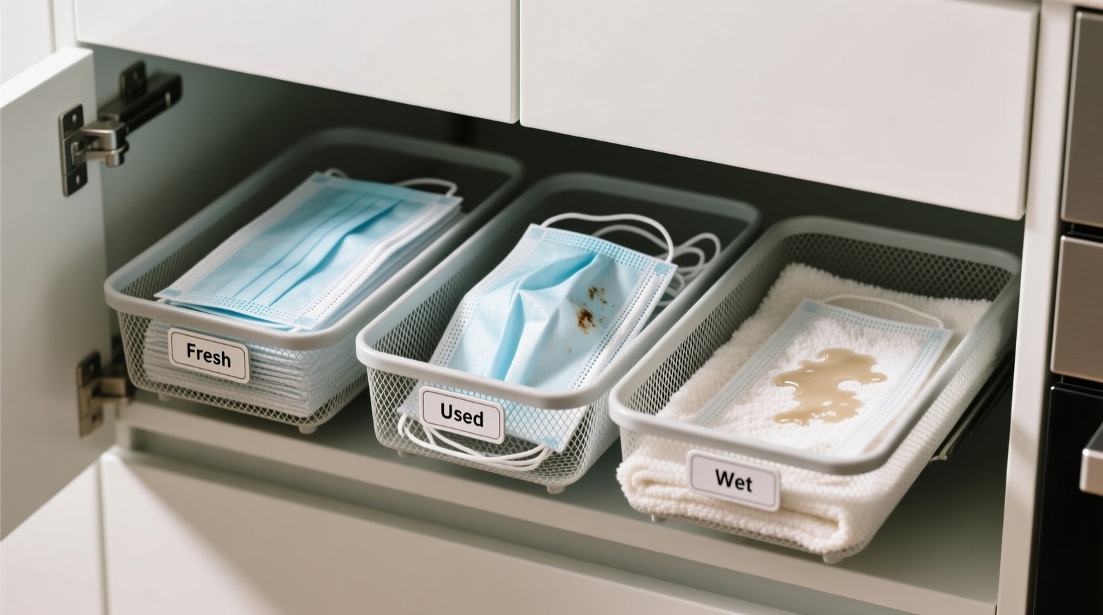 Three-tier mesh drawer organizer: left compartment holds freshly washed masks folded flat, center holds masks worn earlier that day, right holds damp masks laid flat on a microfiber drying mat—each section clearly labeled with waterproof tags