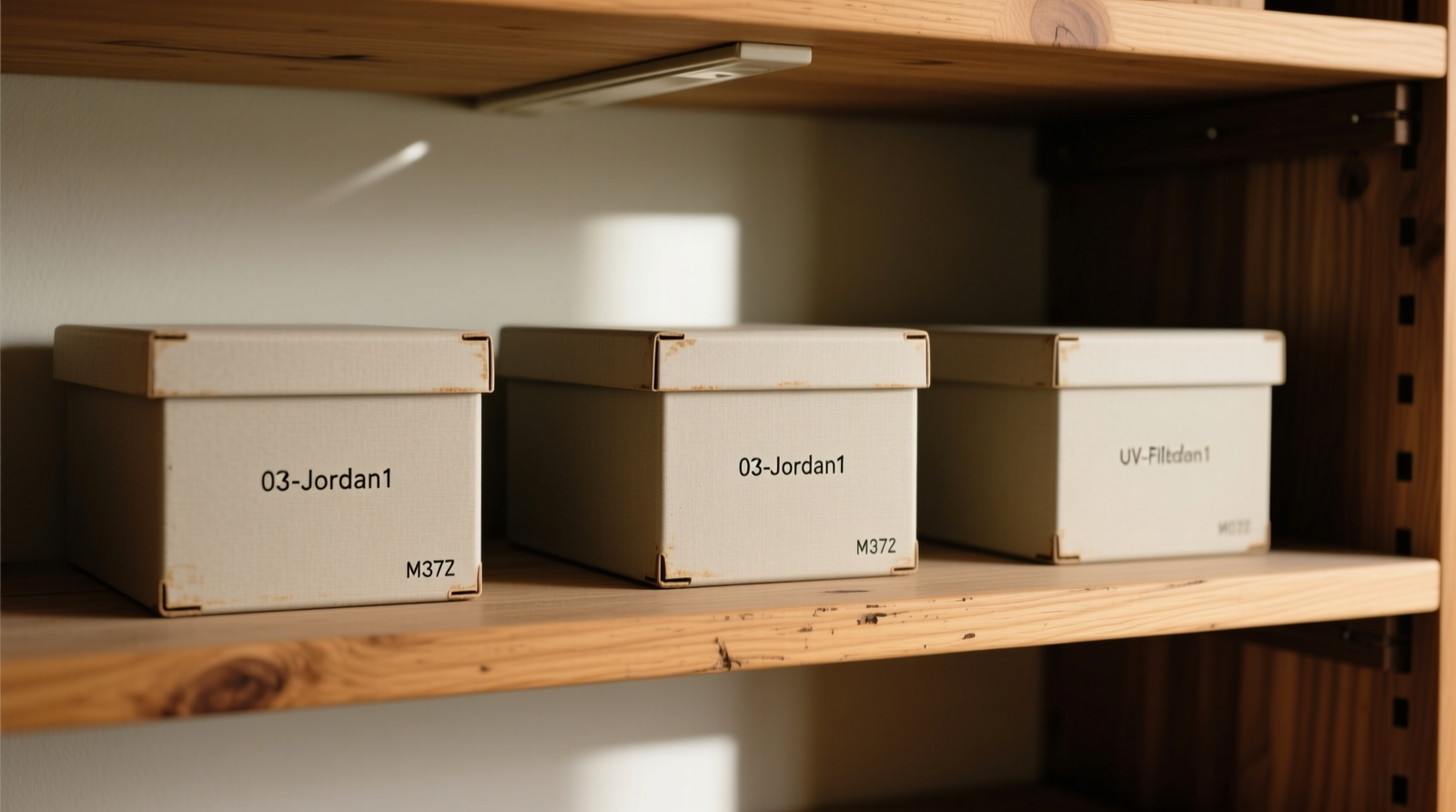 Three identical UV-filtering archival boxes on open oak shelving, each labeled discreetly with year and model code (e.g., '03-Jordan1'); no branding visible, no lighting fixtures directly above