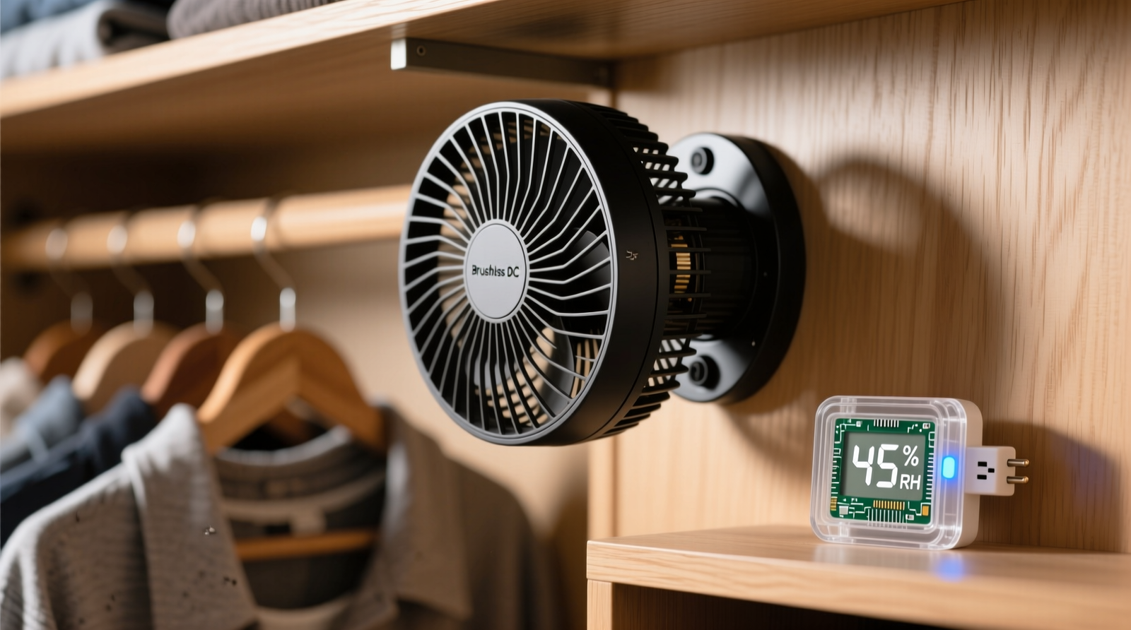 Close-up of a compact, brushless DC closet fan mounted discreetly high on a wooden closet rear wall, angled downward toward hanging garments, with a slim humidity-sensing plug-in timer visible on the adjacent shelf