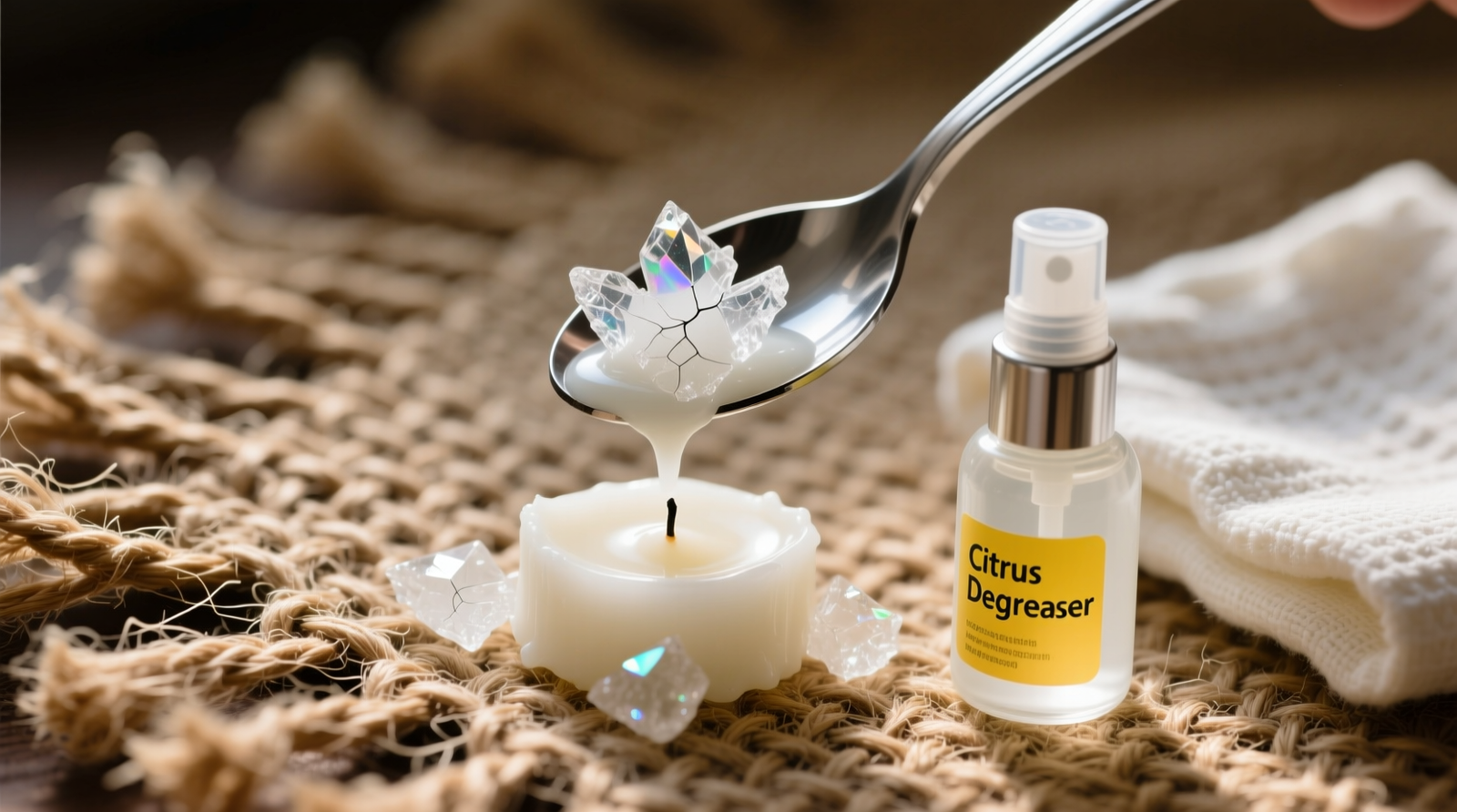 Close-up photo showing a chilled metal spoon gently lifting brittle white candle wax flakes from the textured surface of a natural jute rug, with a small spray bottle of citrus degreaser and folded cotton cloth nearby