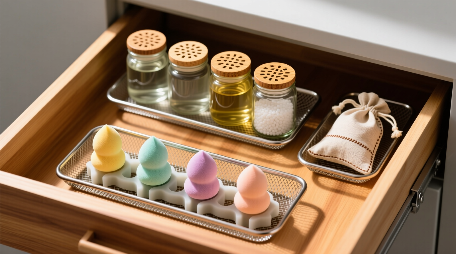 Top-down view of a shallow cedar-lined drawer containing three elevated stainless-steel mesh trays: one holding six beauty sponges vertically in silicone slots, another with four wide-mouth glass jars of brush cleaner under bamboo lids with laser-cut ventilation holes, and a third holding silica gel canisters wrapped in breathable linen pouches.