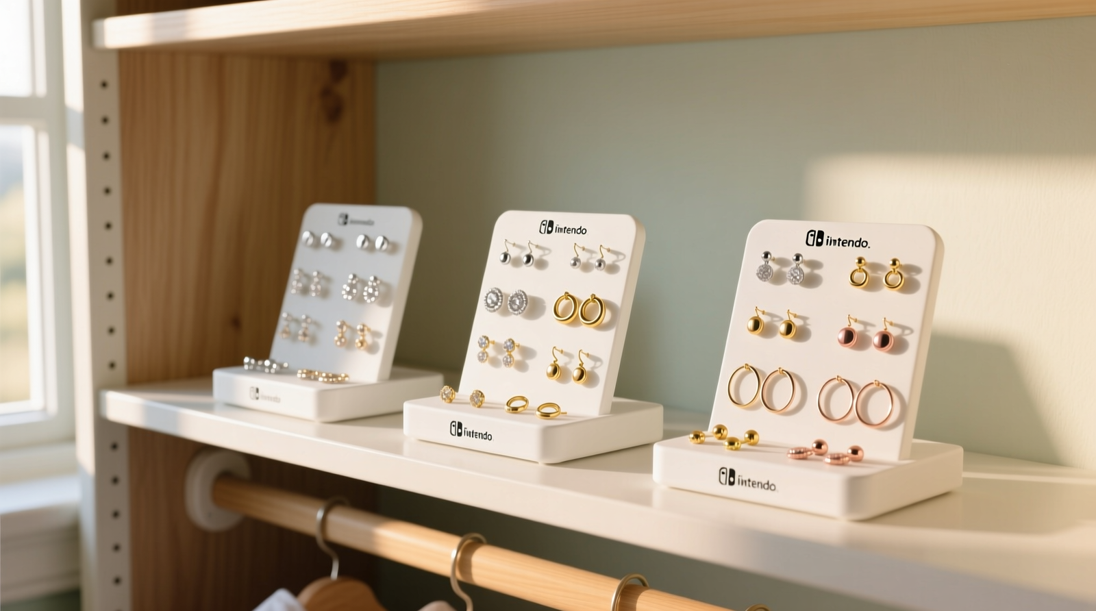 Three white Nintendo Switch dock stands arranged side-by-side on a narrow closet shelf, each holding 14 pairs of earrings—studs, huggies, and thin hoops—clearly visible and untangled, with natural light highlighting metallic finishes