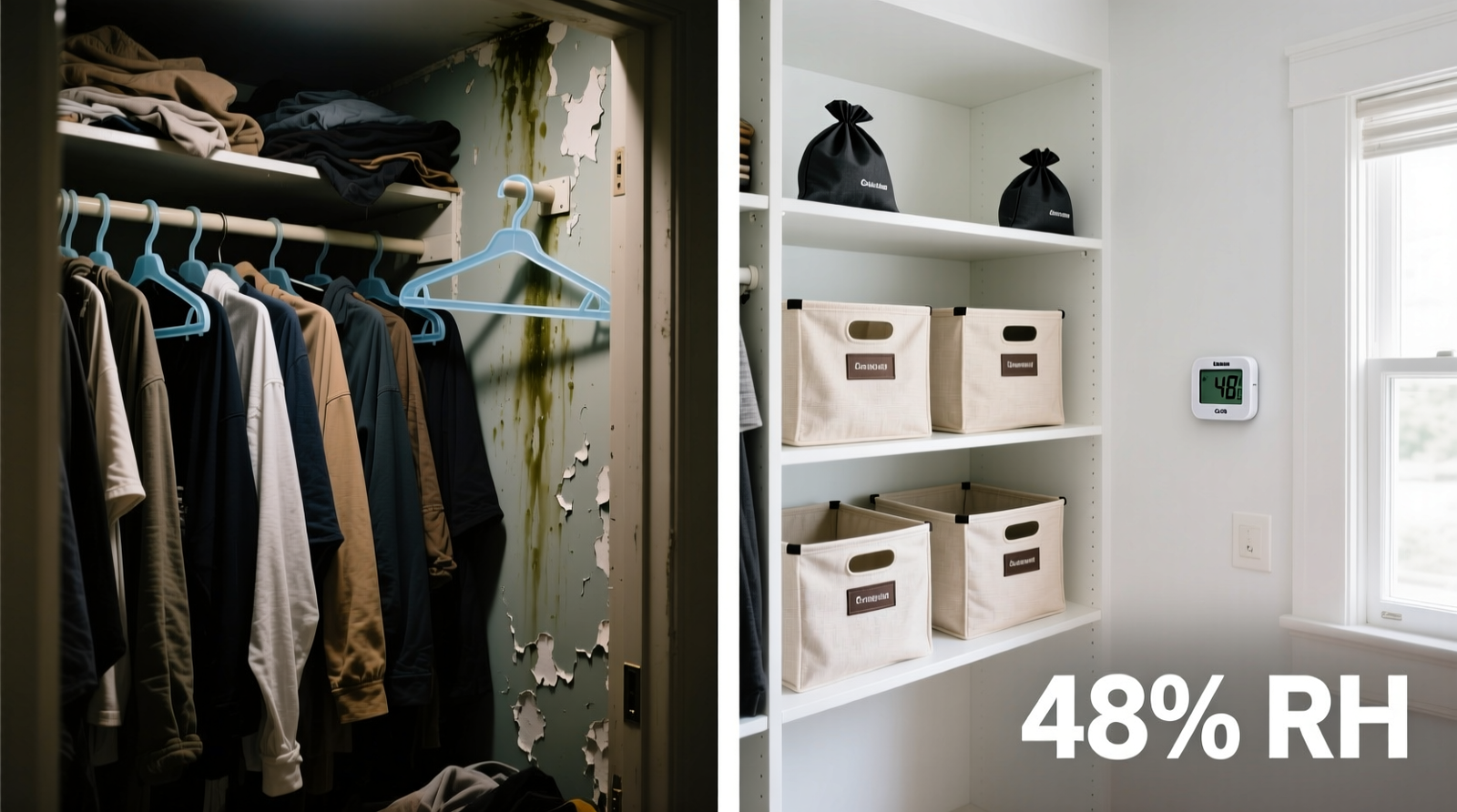 Cross-section diagram showing airflow path through a closet: cool air entering low vent, rising past hanging garments, exiting through upper grille, with inset hygrometer reading 44% RH