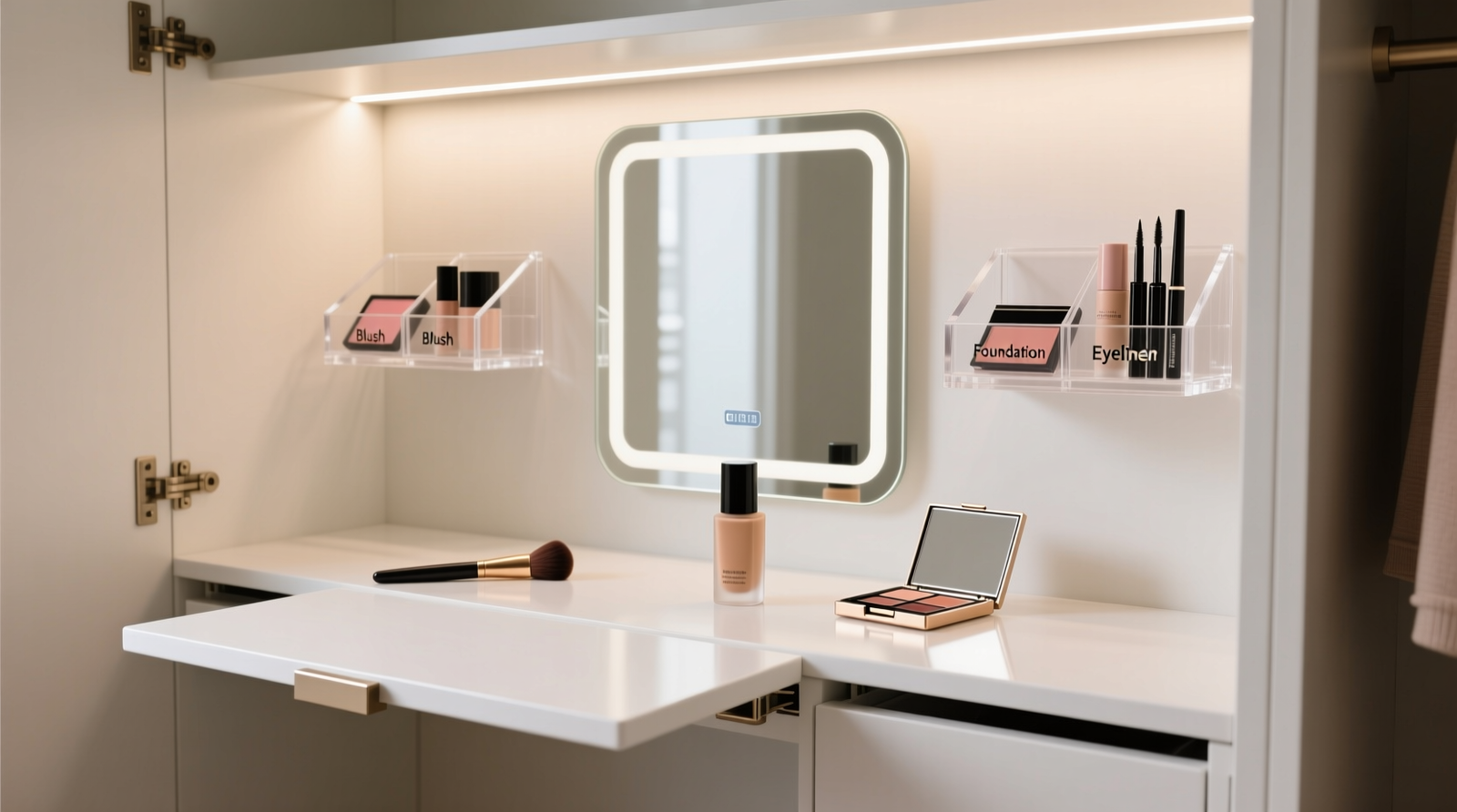 A compact shallow closet transformed into a fully functional makeup vanity: mirrored back wall, two floating shelves with labeled acrylic organizers, soft LED lighting beneath top shelf, and a clean white fold-down countertop extended outward with blush brush, foundation bottle, and magnetic eyeliner palette visible and accessible.