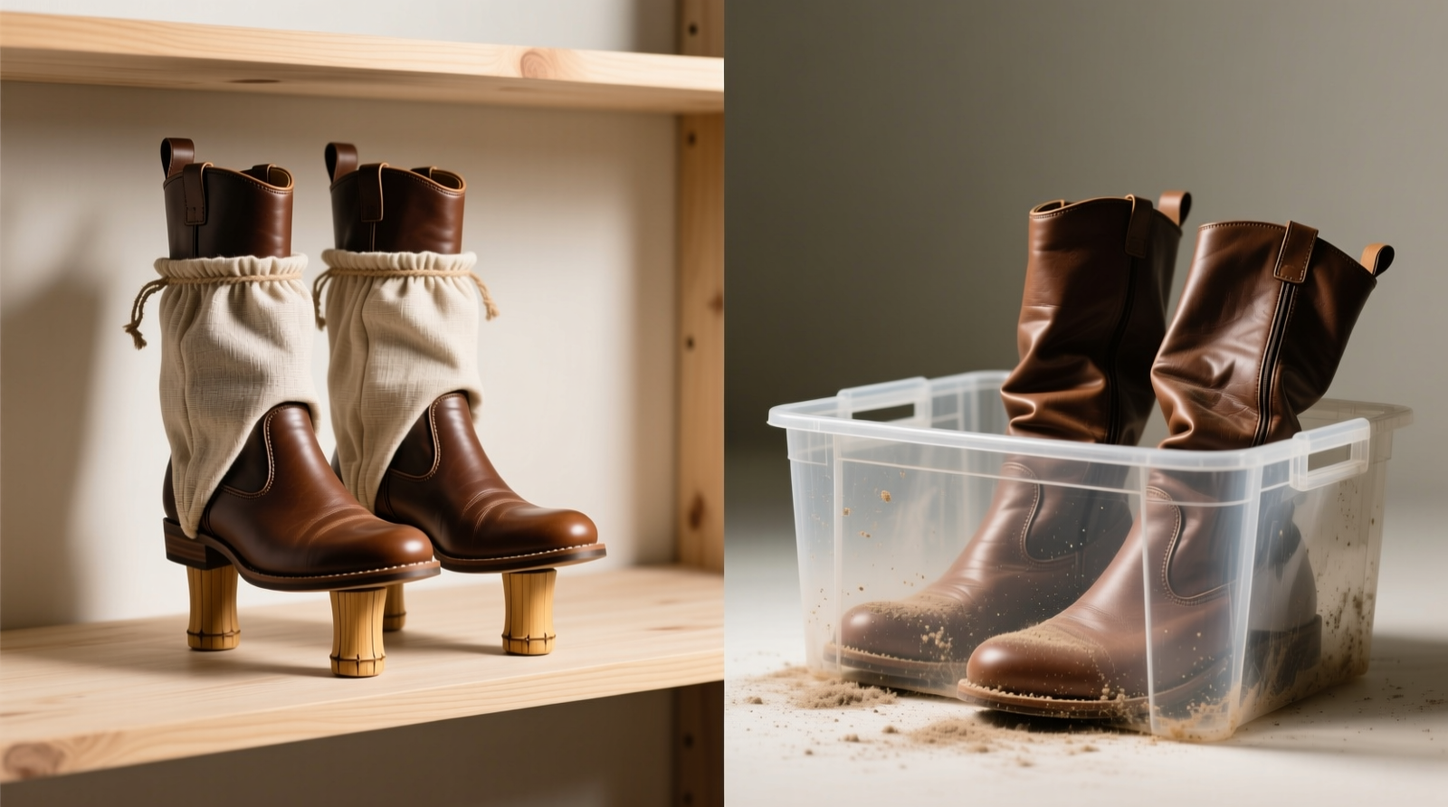 Side-by-side comparison: left shows boots upright with tapered bamboo shapers inside cotton bags on a clean wooden shelf; right shows warped boots slumped in a sealed plastic bin with visible dust accumulation around the shafts