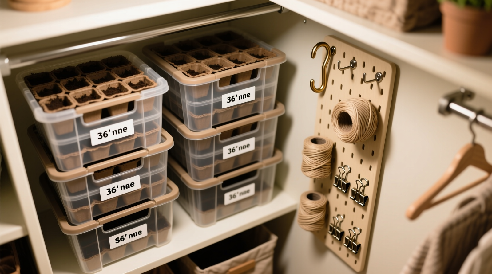 Overhead view of a 36-inch-wide closet interior showing labeled stackable bins containing nested seed starter trays and bundled trellis parts, with pegboard side rail holding S-hooks, twine, and metal clips