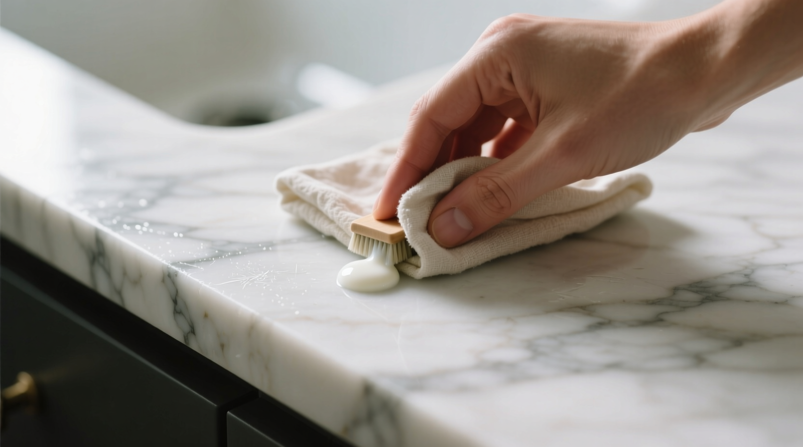 Close-up of a hand using a folded soft linen cloth to gently buff a small section of white Carrara marble countertop, with a tiny dollop of opaque white milk of magnesia visible on the fabric—not the stone. Lighting emphasizes texture clarity and zero streaking.