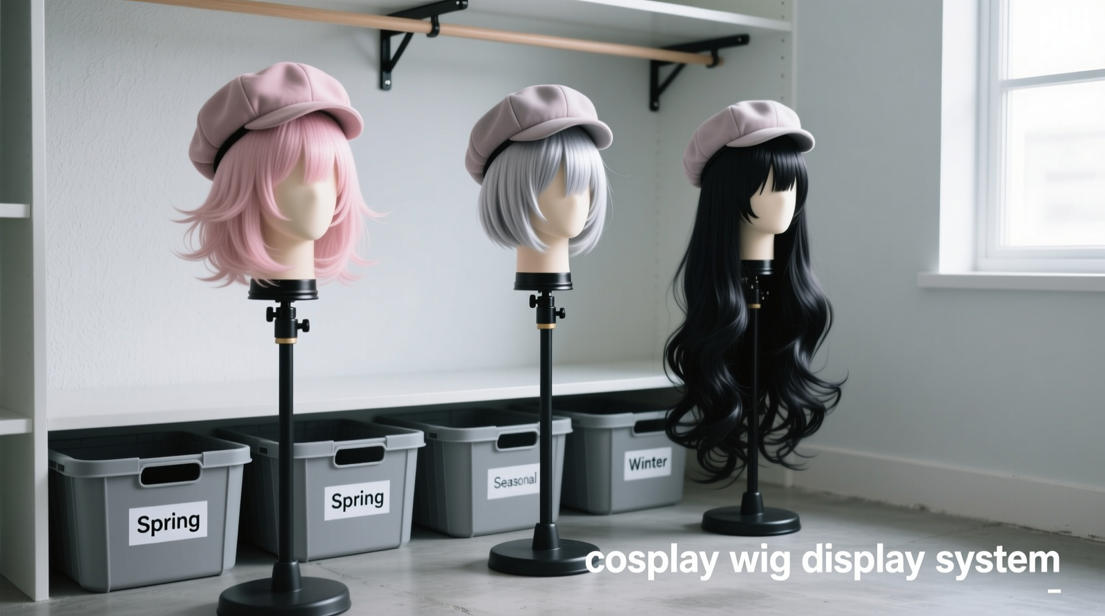 Close-up photo showing an anime cosplay wig properly mounted on an adjustable stand: the wig cap’s elastic band is tucked beneath the padded base ring, the stand’s tapered neck supports the crown without pressure points, and the wig hangs freely with zero fiber contact against any surface or adjacent items.