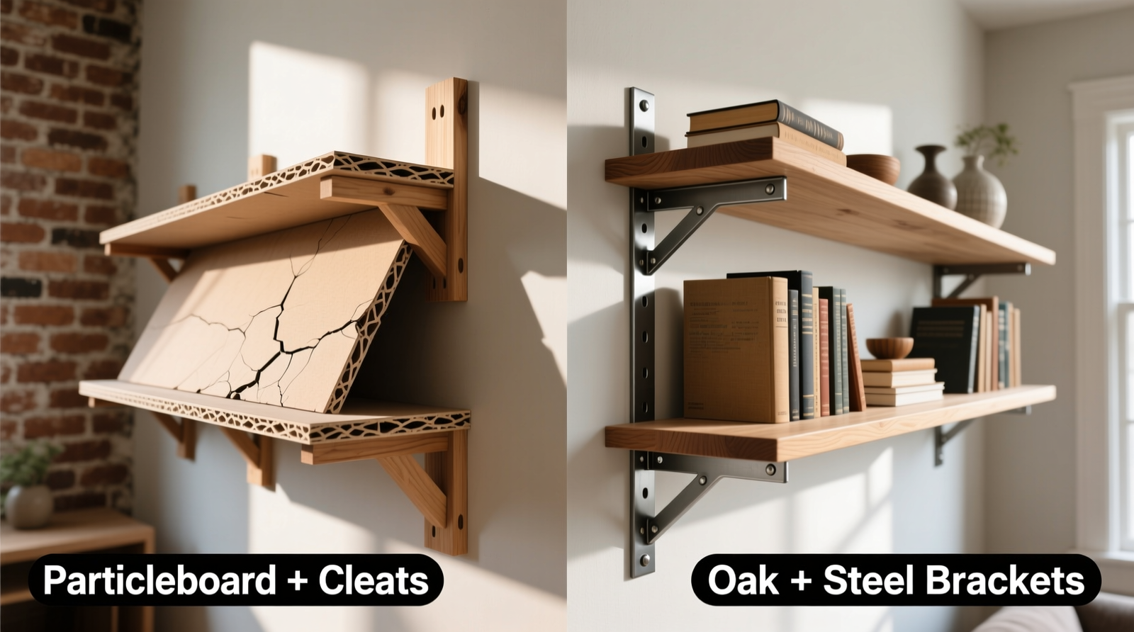 Side-by-side comparison showing a sagging particleboard shelf on fixed wooden cleats next to a level, fully loaded oak shelf secured by heavy-duty adjustable steel brackets anchored into wall studs