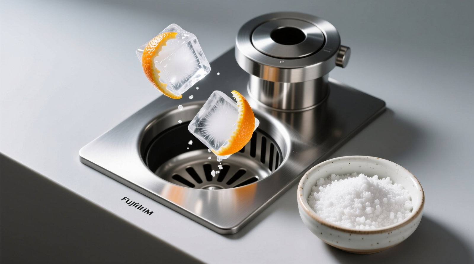 Overhead photo of a stainless-steel garbage disposal unit with two frozen citrus peel ice cubes dropping into the opening, next to a small ceramic bowl holding coarse white baking soda crystals
