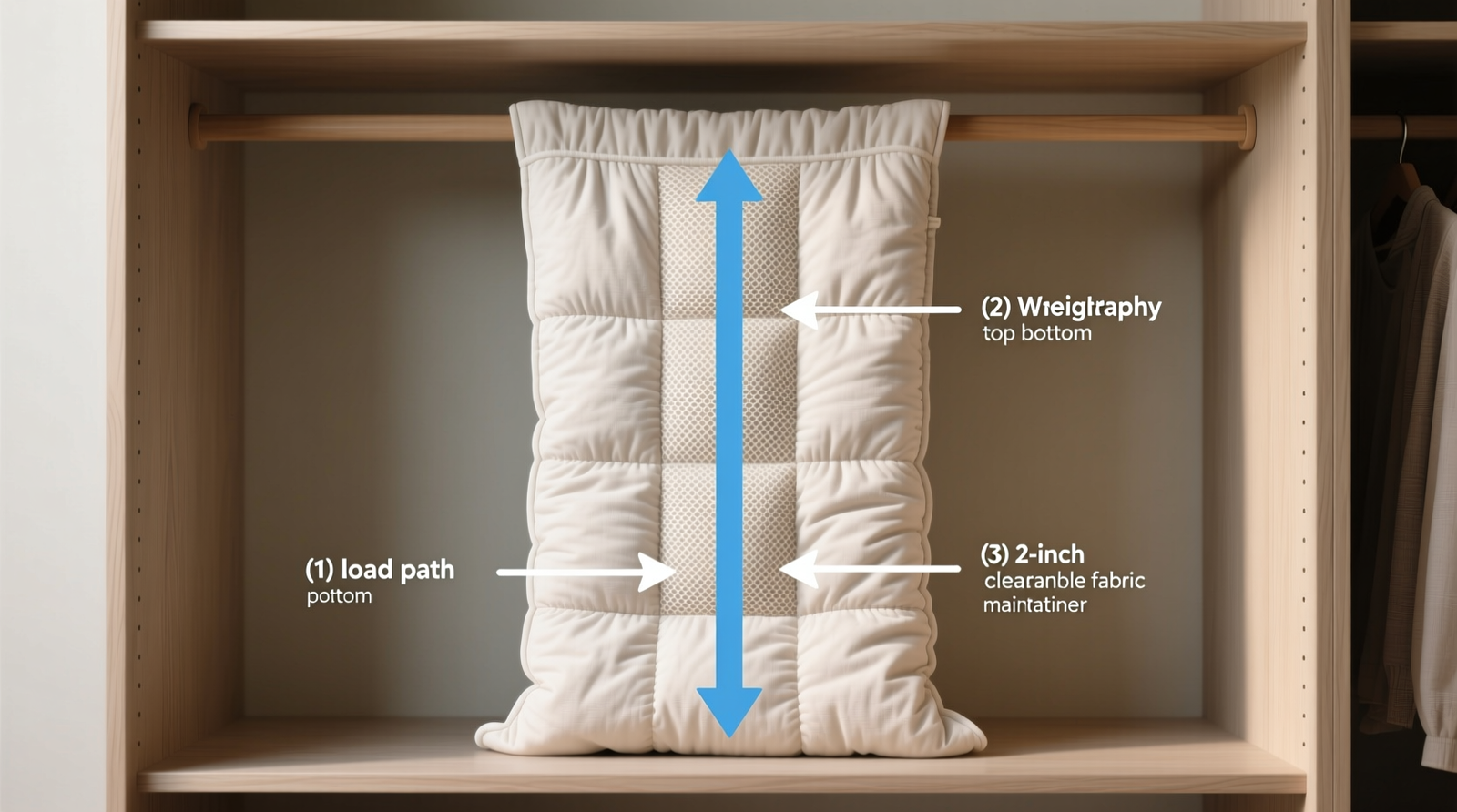 A clean, well-lit closet showing three weighted blankets stored vertically on open wooden shelves: each rolled loosely, wrapped in off-white linen sacks with drawstring openings visible, spaced 4 inches apart, with no items stacked above them