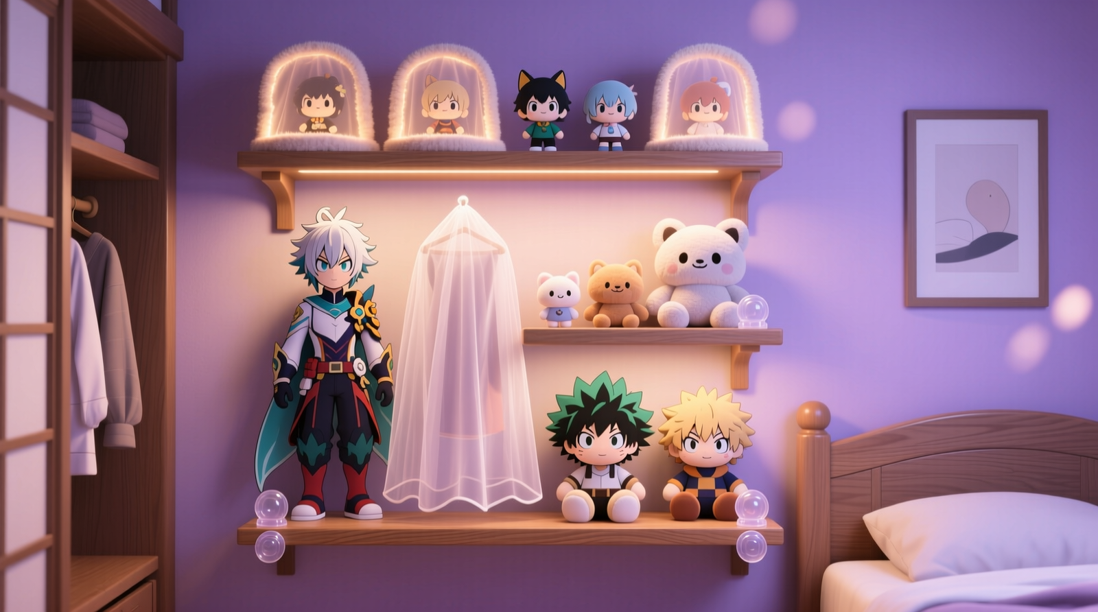 Three-tier closet shelf showing anime plush organized by height: large figures on bottom shelf anchored with clear silicone putty, medium-sized plush on middle shelf under lightweight cotton dust covers, small chibi plush upright on top shelf with felt-lined edge guards