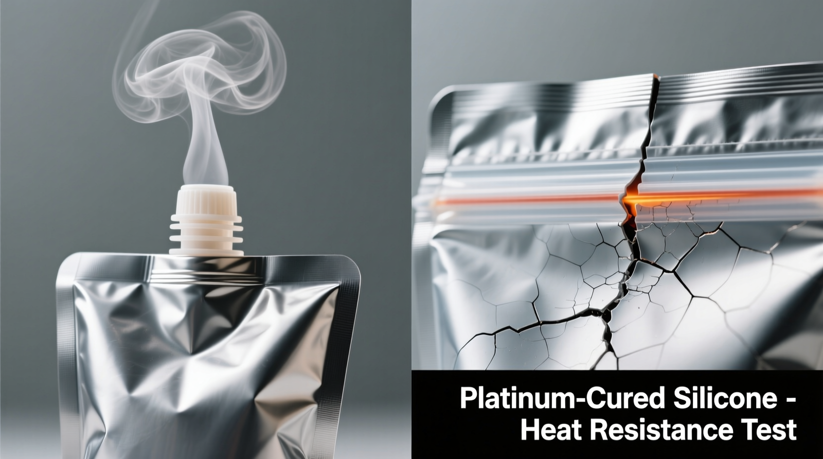 Close-up photo of reusable silicone food pouches standing upright in a shallow glass bowl filled with clear liquid, with a small measuring cup beside showing 1-part vinegar and 3-parts water ratio