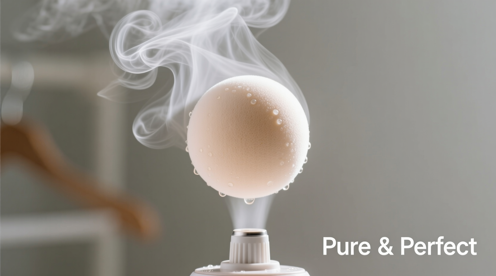A stainless steel saucepan with boiling water, a ceramic bowl containing a damp pink makeup sponge covered by a clear glass plate, and silicone tongs resting beside it—steam visibly rising from the seam between bowl and plate