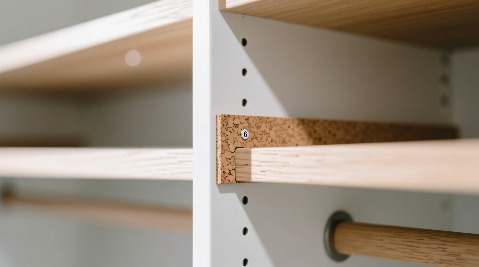 Close-up of 6 mm self-adhesive cork tiles installed in a minimalist white reach-in closet, showing precise seam alignment and subtle texture contrast against light oak shelving
