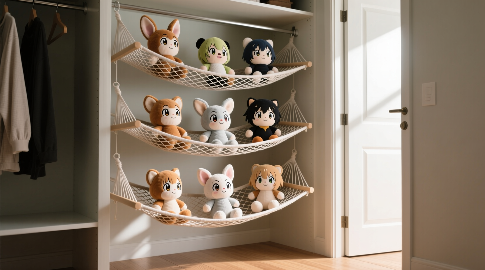 Three-tier mesh hammock shelf system installed inside a standard reach-in closet, holding seven anime plush toys in varied upright poses—each clearly showing undistorted facial features, intact ear structure, and no visible compression lines on fabric surfaces. Natural light illuminates airflow gaps between mesh and plush backs.