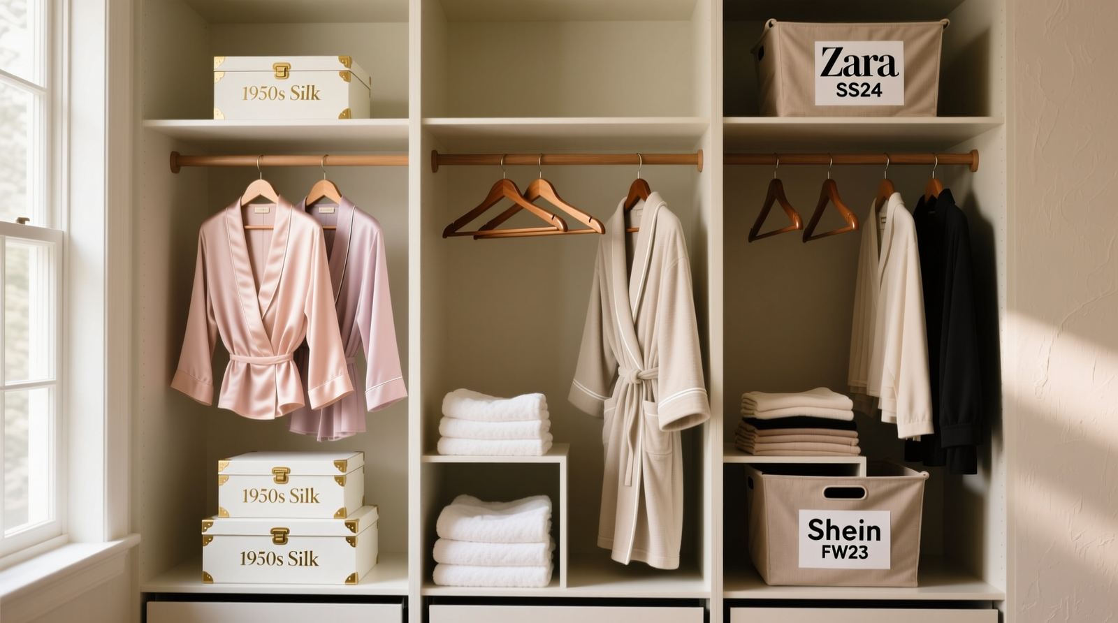 A well-lit closet showing three clearly defined vertical zones: left with padded hangers and archival boxes labeled '1950s Silk', center with wooden hangers holding neutral-toned robes and towels, right with slim non-slip hangers and fabric bins labeled 'Zara SS24' and 'Shein FW23'