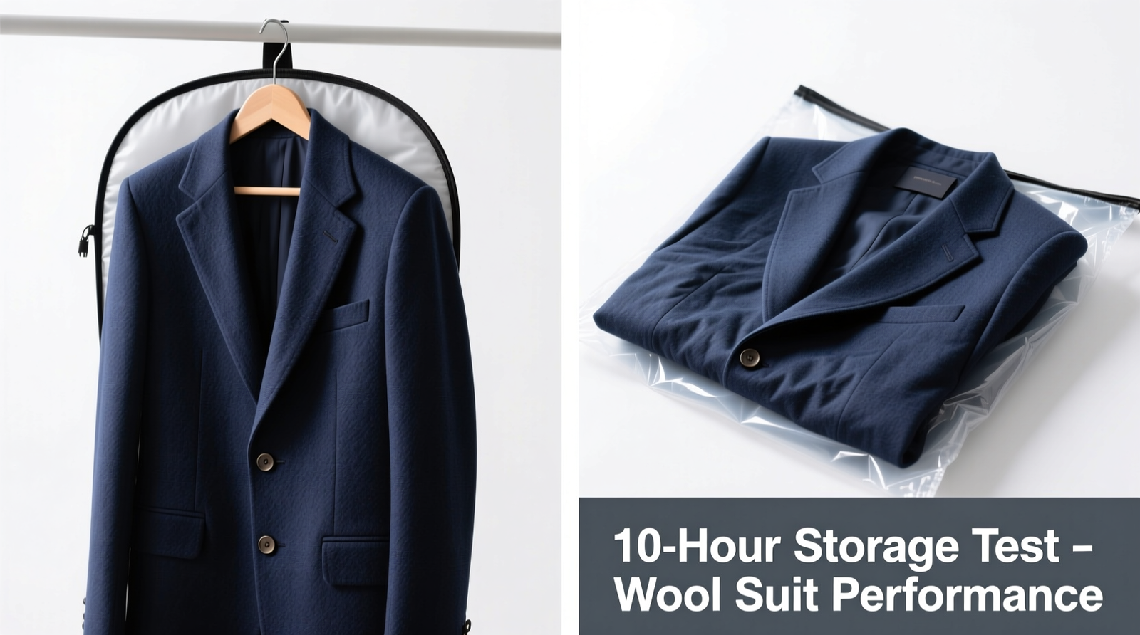 Side-by-side comparison: a wool suit hung on a padded hanger inside a breathable collapsible garment bag versus the same suit folded in half inside a thick vinyl bag—showing visible shoulder dimpling and lapel distortion in the latter after 10 hours