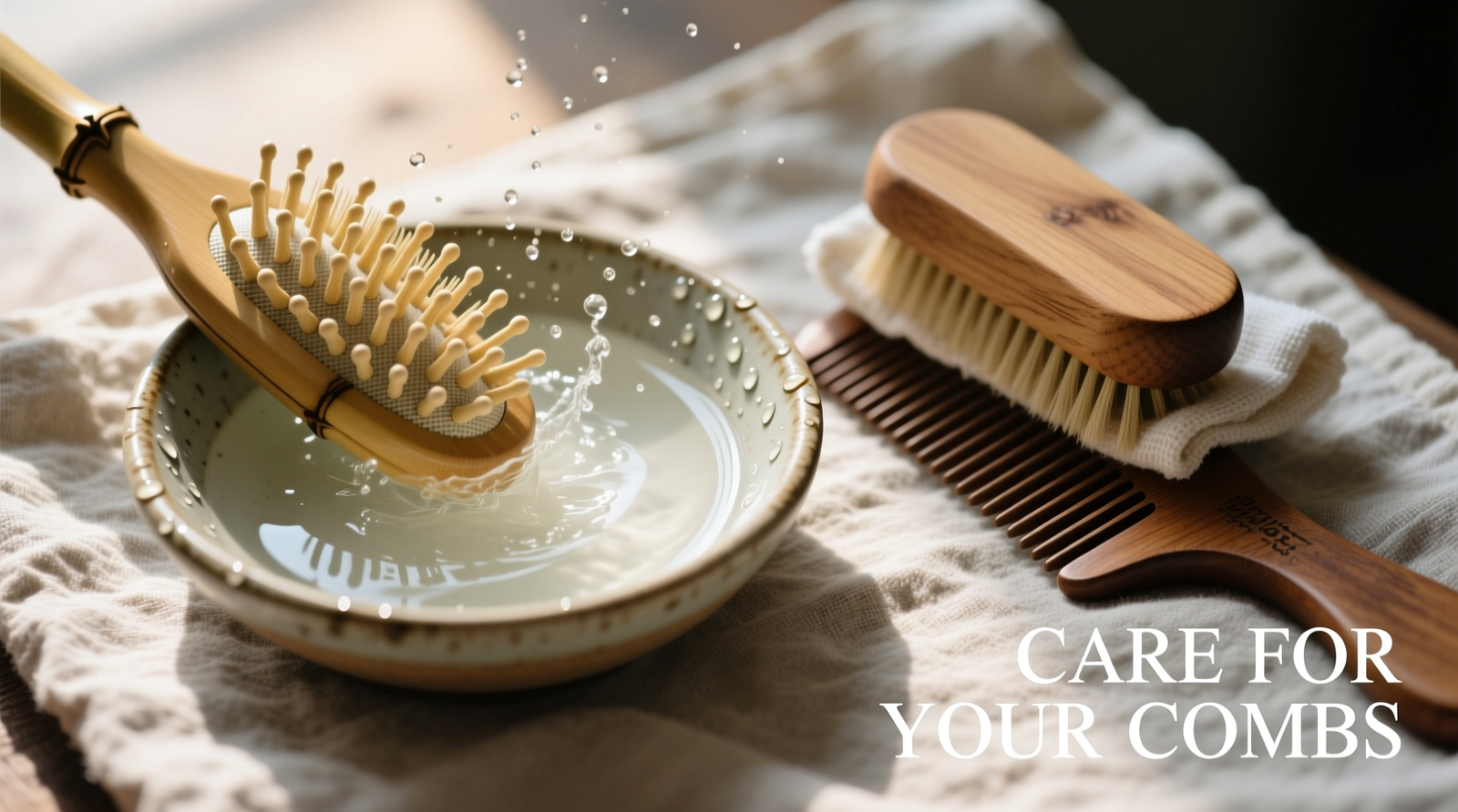 Side-by-side close-up of a bamboo hairbrush cleaner gently agitating bristles in a shallow ceramic dish of diluted vinegar, next to a wooden comb being buffed with a lint-free cotton cloth—both tools placed on a matte, unbleached linen towel in natural light