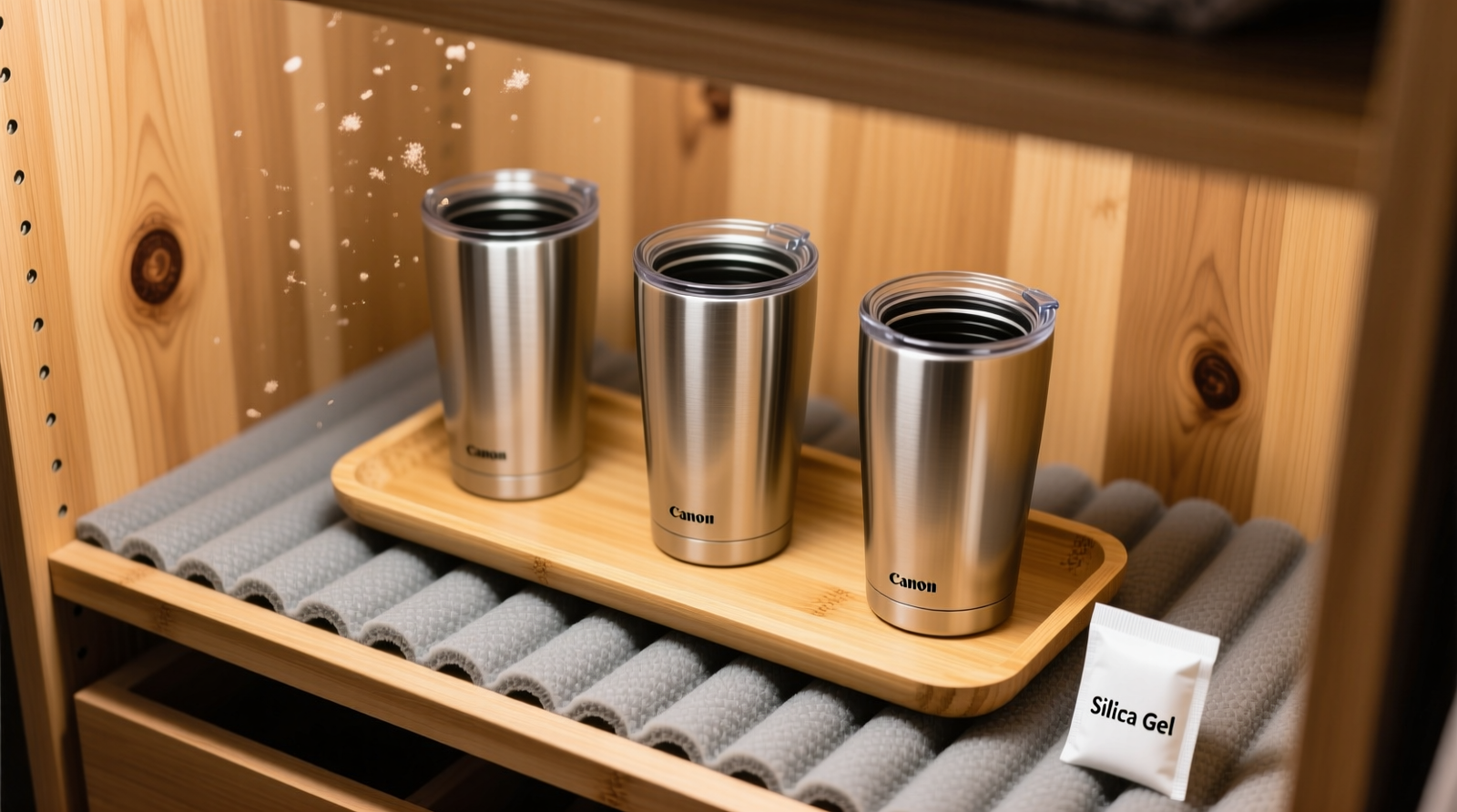 Overhead photo of a cedar-lined closet shelf holding three insulated tumblers upright on a light bamboo tray with visible airflow gaps beneath; a thin gray closed-cell foam mat is visible under the tray, and a small white desiccant canister sits discreetly in the corner.