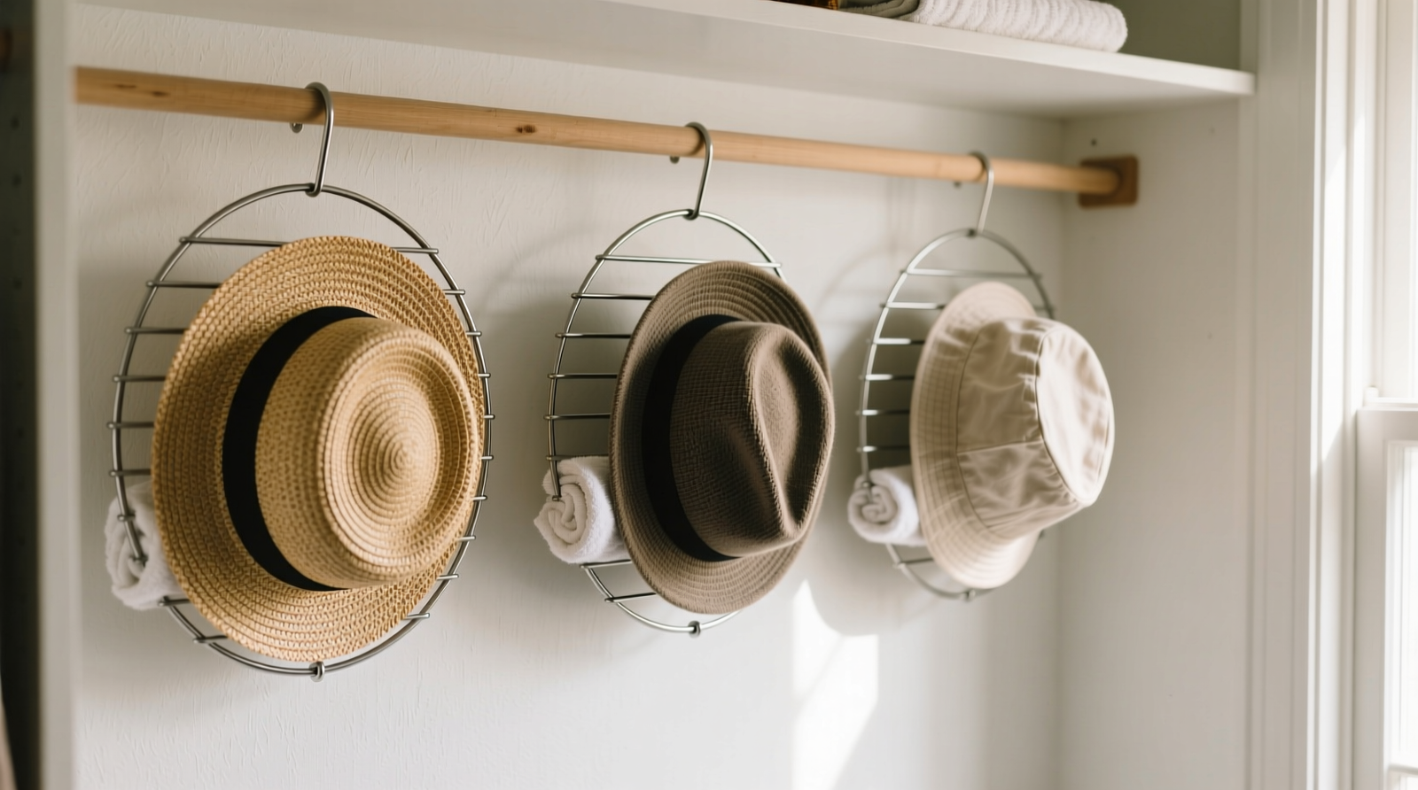 A white wire cooling rack suspended horizontally inside a shallow closet shelf, with three hats placed brim-down: a structured fedora resting fully on the wires, a soft cloche nestled into an inverted glass bowl below, and a wide-brimmed straw hat balanced symmetrically across four parallel wires. Natural light highlights airflow gaps between each hat.
