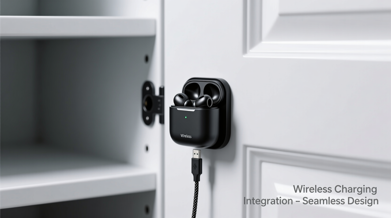 Close-up of a white closet vanity door with a sleek black wireless earbuds charging dock mounted vertically at eye level; a thin braided USB-C cable disappears cleanly through a matte-black grommet into the hollow door panel, with no visible slack or tension