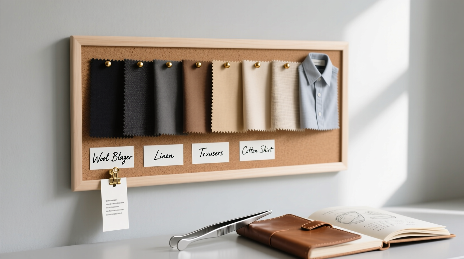 A well-lit, minimalist corkboard mounted on a pale wall, displaying 10 fabric swatches arranged in a soft gradient from charcoal to oat, each pinned beside a small handwritten label ('Wool Blazer', 'Linen Trousers', 'Cotton Shirt') and a single garment tag clipped at the bottom. A pair of tweezers and a notebook rest nearby.