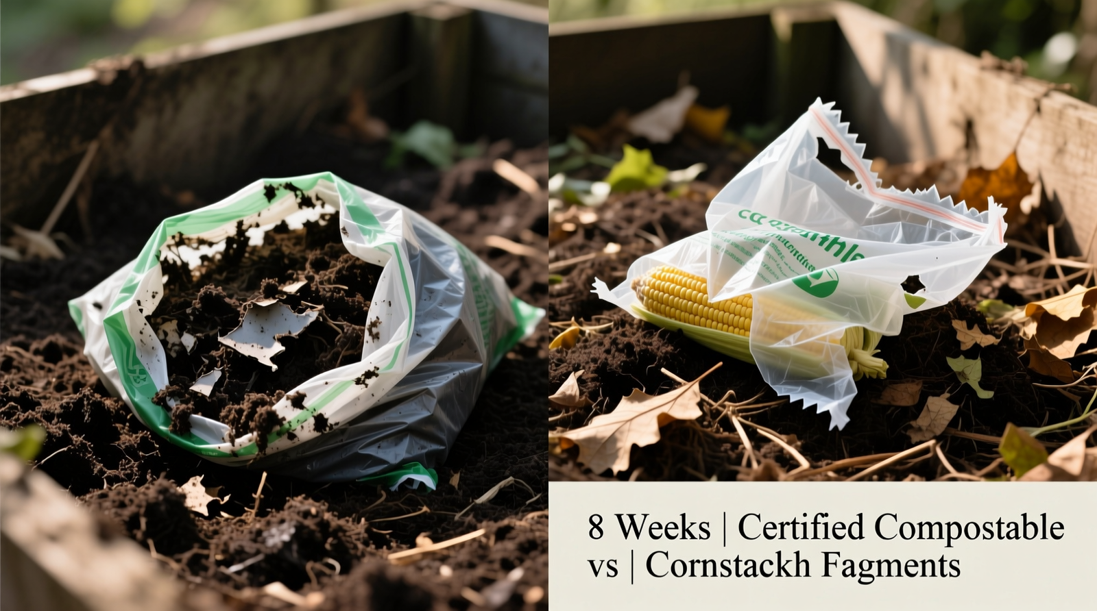 Side-by-side photo showing certified home-compostable bag fully integrated into dark, crumbly compost after 8 weeks versus a rigid, fragmented cornstarch bag sitting atop the same pile with no visible decay