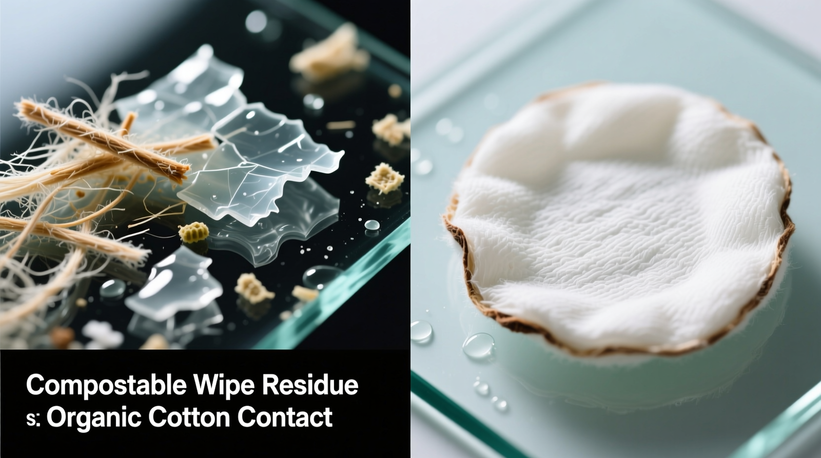 Side-by-side macro photography: left shows microscopic lint and polymer residue left by a 'compostable' wipe on tempered glass; right shows clean, uniform fiber contact of a damp organic cotton round on identical surface
