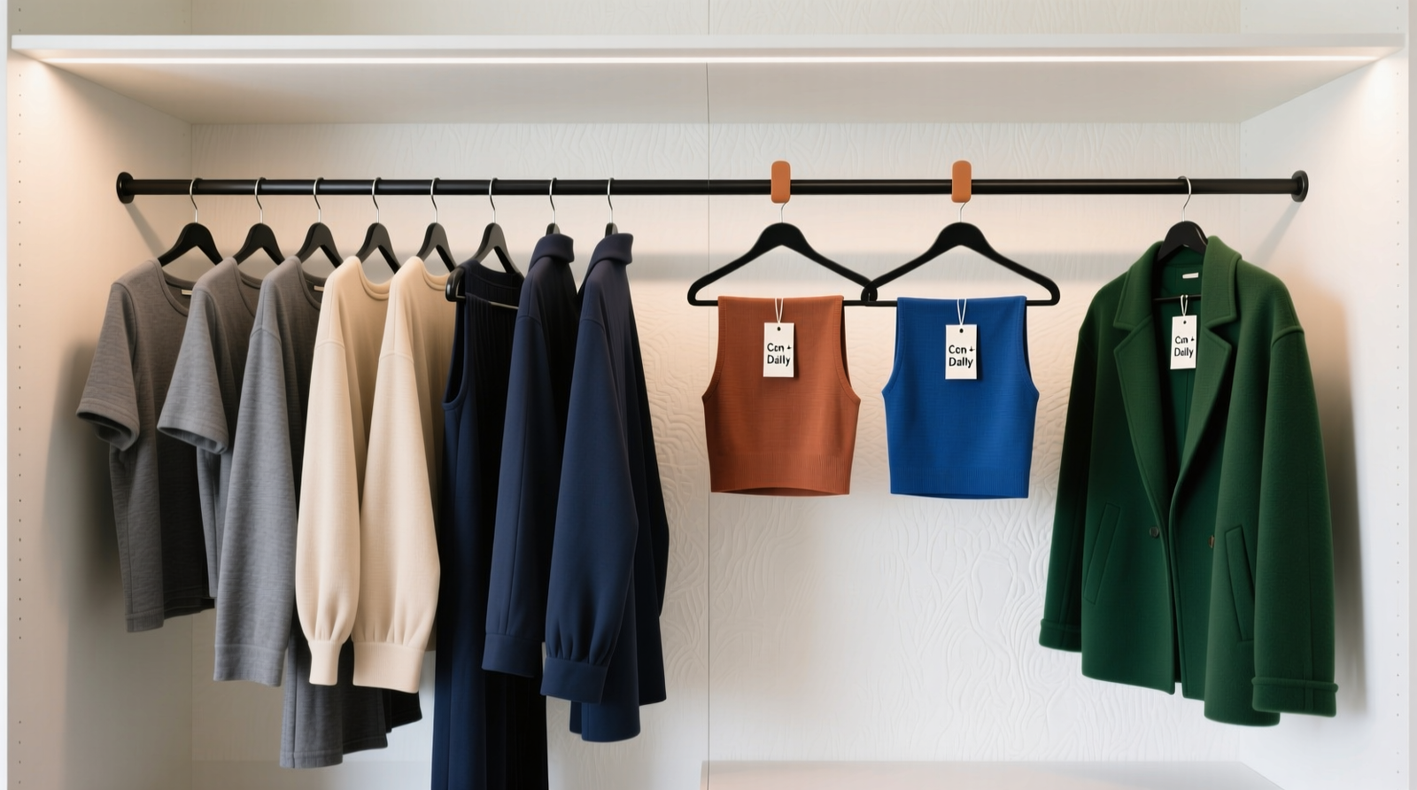 A neatly organized closet showing 25 coordinated clothing items on slim hangers, grouped by category and color-coded: neutral base tones (charcoal, oat, navy) with three accent hooks holding rust, cobalt, and forest green pieces—each labeled with small tags reading 'Con + Daily'