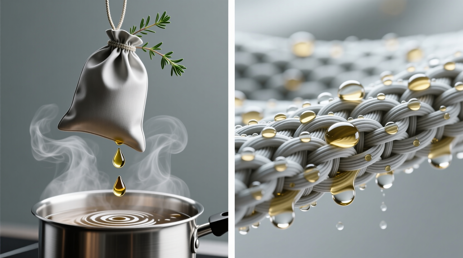 Side-by-side visual: left shows a clean, taut nylon pouch suspended over gentle steam rising from a stainless-steel pot with three visible droplets of thyme oil dispersing into vapor; right shows close-up cross-section of steam condensing evenly on fabric weave without pooling or dripping