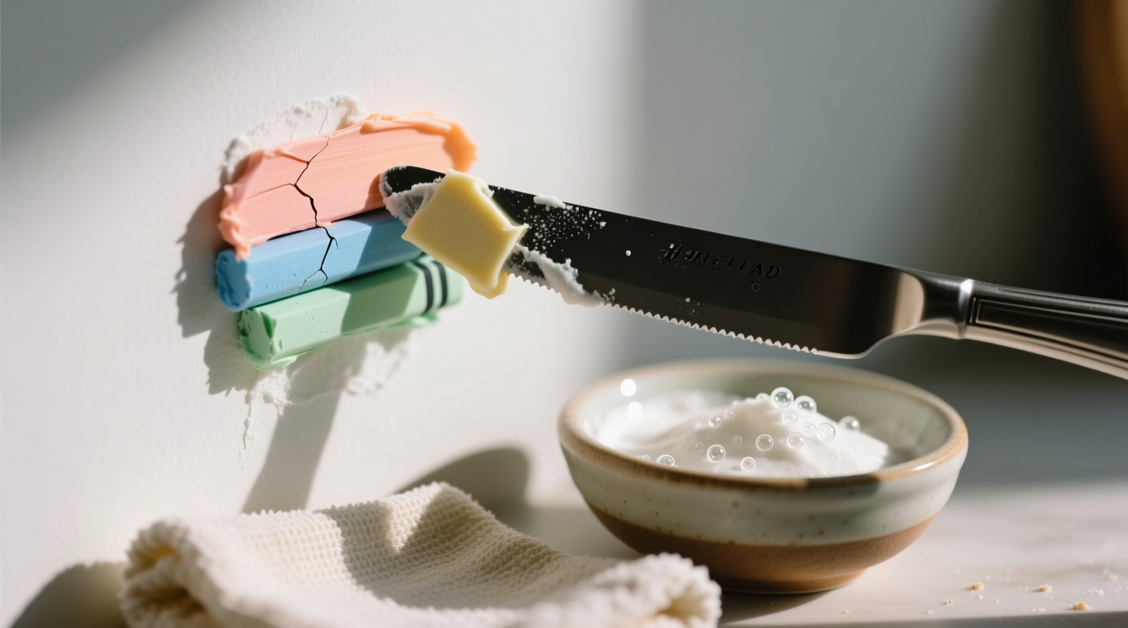 Close-up photo showing a frozen butter knife gently lifting crayon wax from a matte white wall, with a small bowl of off-white baking soda paste beside it and a folded microfiber cloth in the foreground