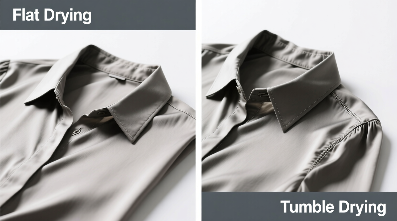 Side-by-side comparison: left shows a rayon-blend blouse washed and dried flat maintaining smooth drape and collar shape; right shows same garment tumble-dried, with distorted collar, stretched shoulders, and visible pilling at sleeve seams