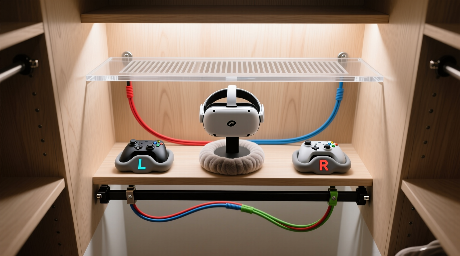 A well-organized closet shelf showing a ventilated VR headset case placed upright on a wooden shelf, flanked by silica gel packs and positioned away from walls and overhead lighting, with a hygrometer visible nearby reading 52% RH and 24°C