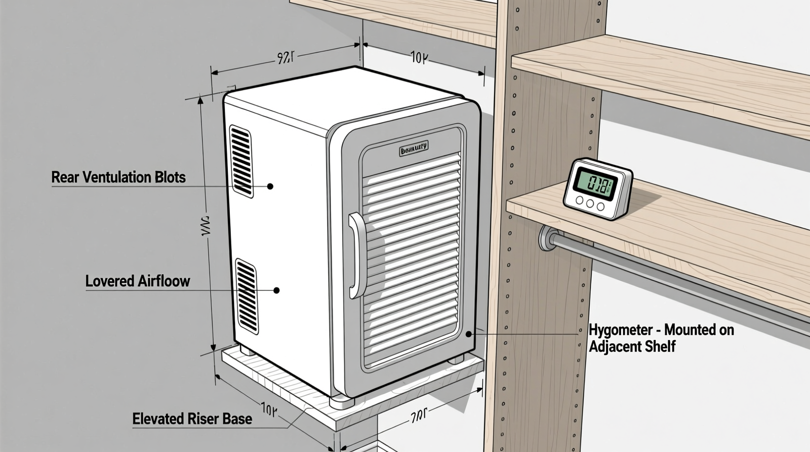 Side-view schematic of a beauty fridge installed in a closet nook with labeled ventilation features: elevated risers, rear wall vent cutouts, louvered door, and hygrometer mounted on adjacent shelf