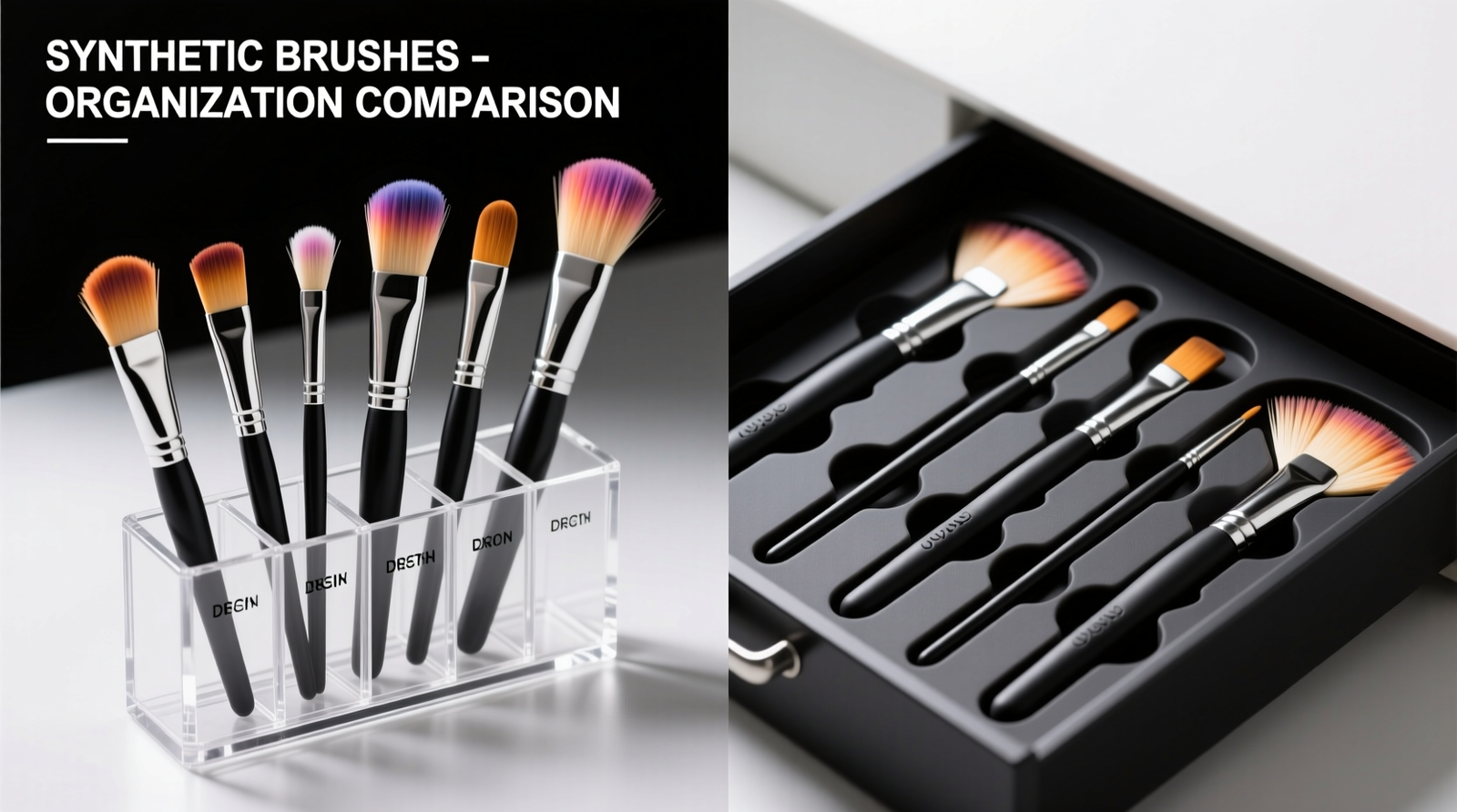 Side-by-side comparison: left shows six synthetic brushes standing at 25-degree angles in a clear acrylic organizer with labeled compartments; right shows identical brushes resting horizontally in a deep drawer with custom-cut silicone slots, each slot contoured to cradle the ferrule and fan the bristles gently outward
