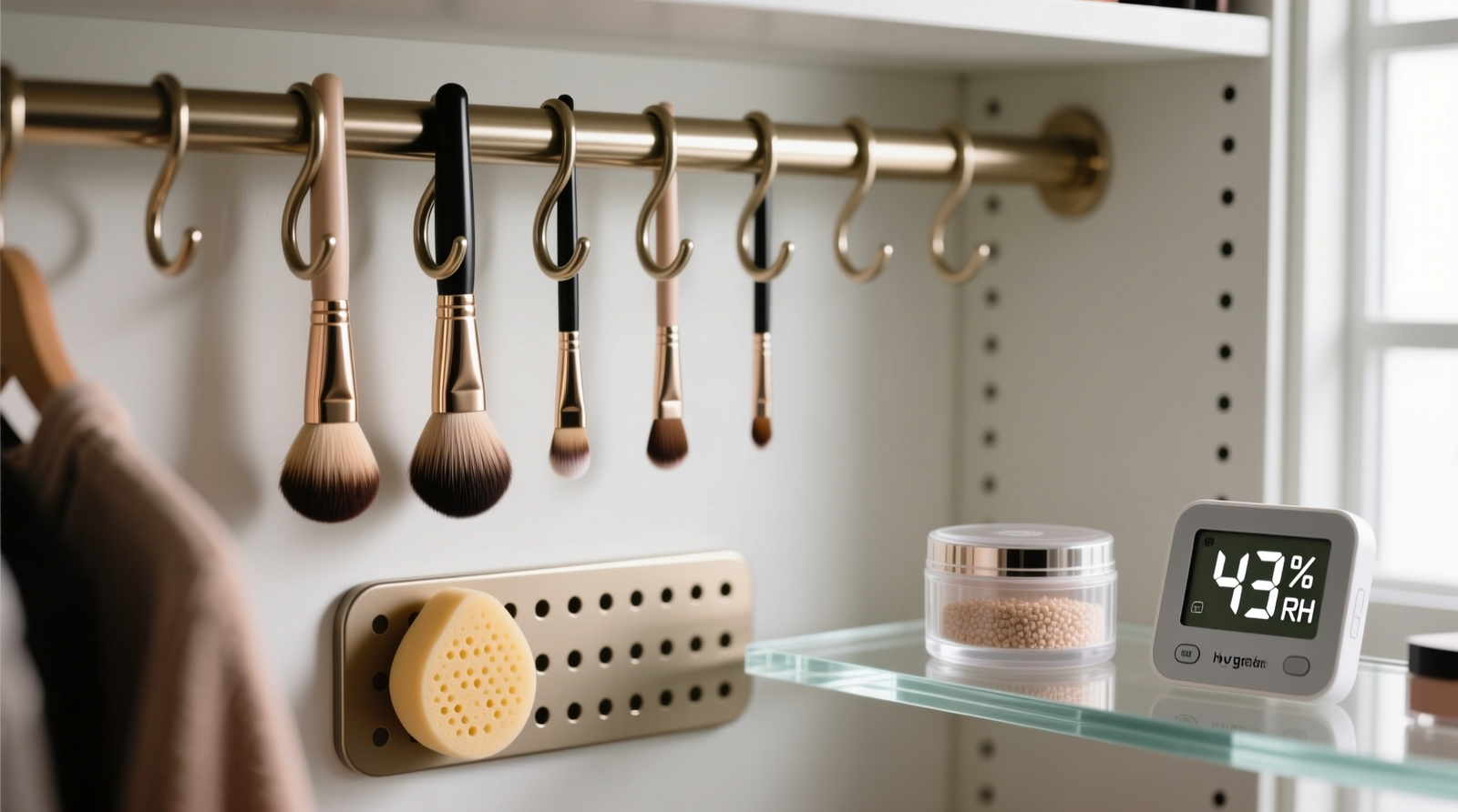 Close-up of a well-organized closet interior showing brushed-nickel S-hooks holding makeup brushes bristle-down, a perforated silicone beauty sponge holder mounted below, and a small rechargeable silica gel canister resting on an open acrylic shelf beside a digital hygrometer reading 43% RH