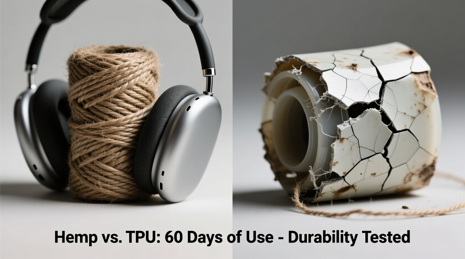 Side-by-side close-up of a tightly wound hemp coil holding a pair of over-ear headphones securely versus a cracked, deformed compostable TPU wrap showing visible stretching and surface fissures after two months of daily use
