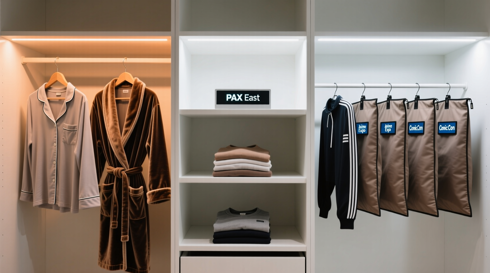 A minimalist closet with three clearly demarcated vertical zones: left section shows neatly hung soft cotton pajama tops and a plush robe on velvet hangers under warm LED light; center section displays folded joggers and layered tees on shallow shelves with neutral lighting; right section features six identical garment bags hanging side-by-side, each with a small digital tag showing 'PAX East', 'Anime Expo', etc., under bright cool-white light.
