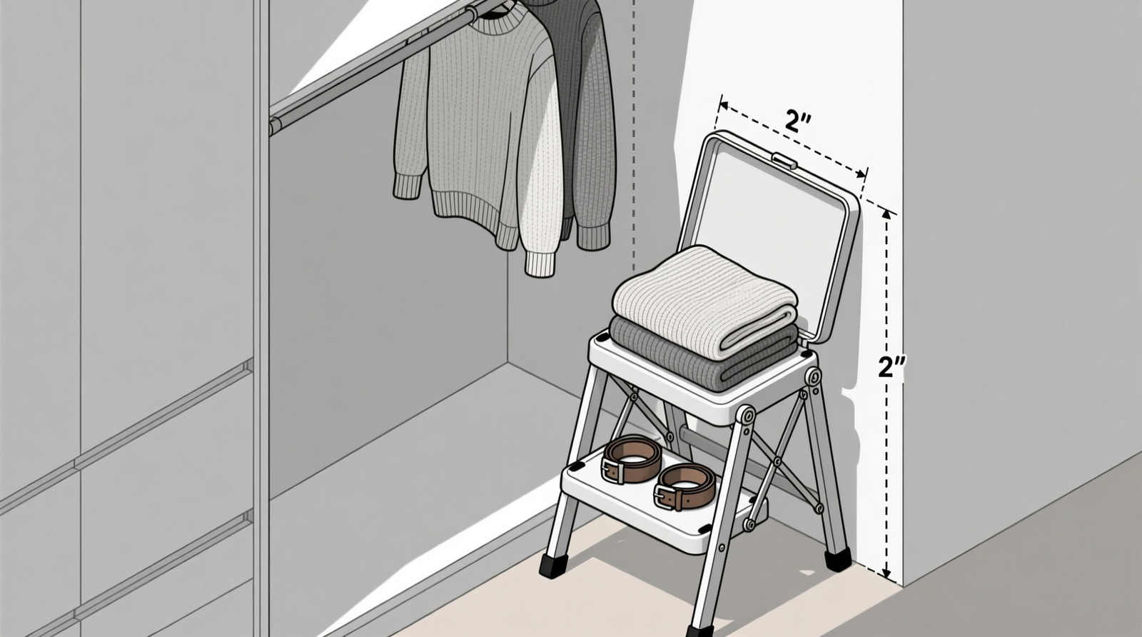 Side-view diagram of a narrow reach-in closet showing a collapsible step stool positioned beside hanging clothes, its lid open to reveal neatly folded knitwear and a pair of belts, with 2 inches of clearance above and beside the unit