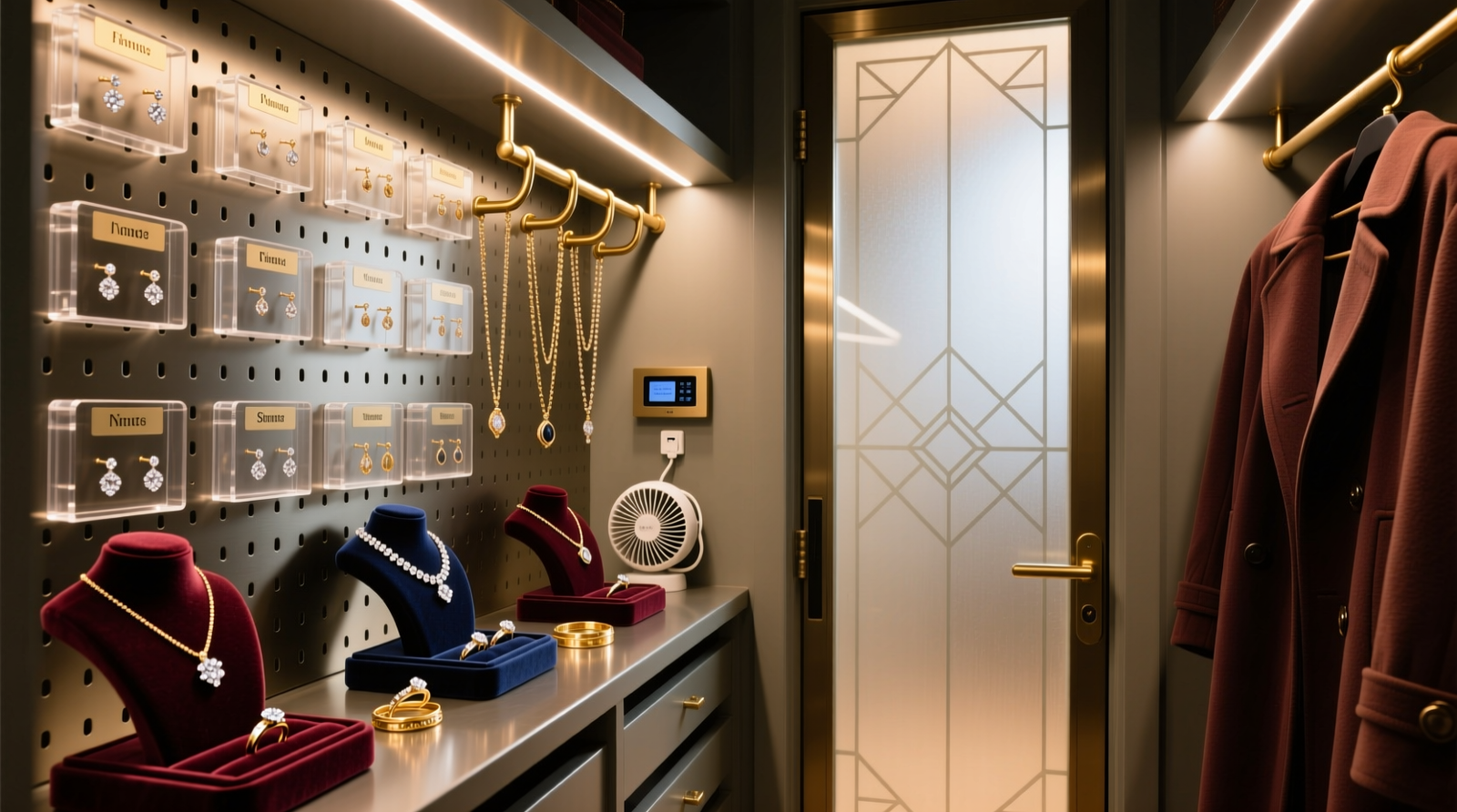 A narrow coat closet transformed into a jewelry command center: steel pegboard walls with labeled acrylic earring trays, velvet ring dishes, staggered necklace hooks, and soft ambient lighting—all behind a frosted glass door