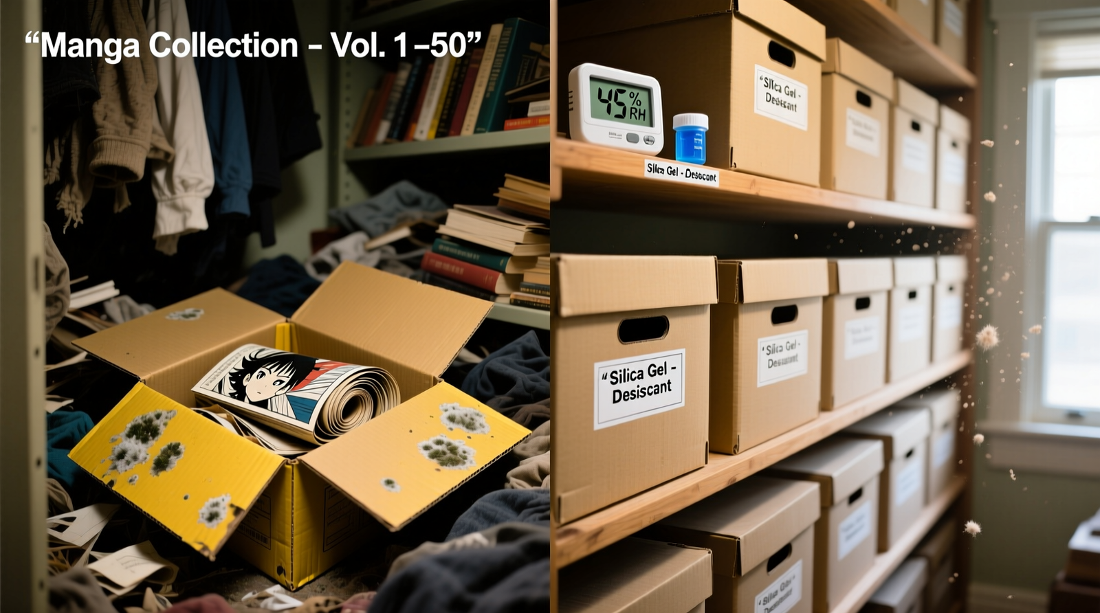 Side-by-side comparison: left shows warped, discolored manga spines in a yellowed cardboard garment box inside a cluttered closet; right shows uniform, upright acid-free archival boxes on breathable wooden shelves, with a digital hygrometer and small blue silica gel canister visible on the top shelf