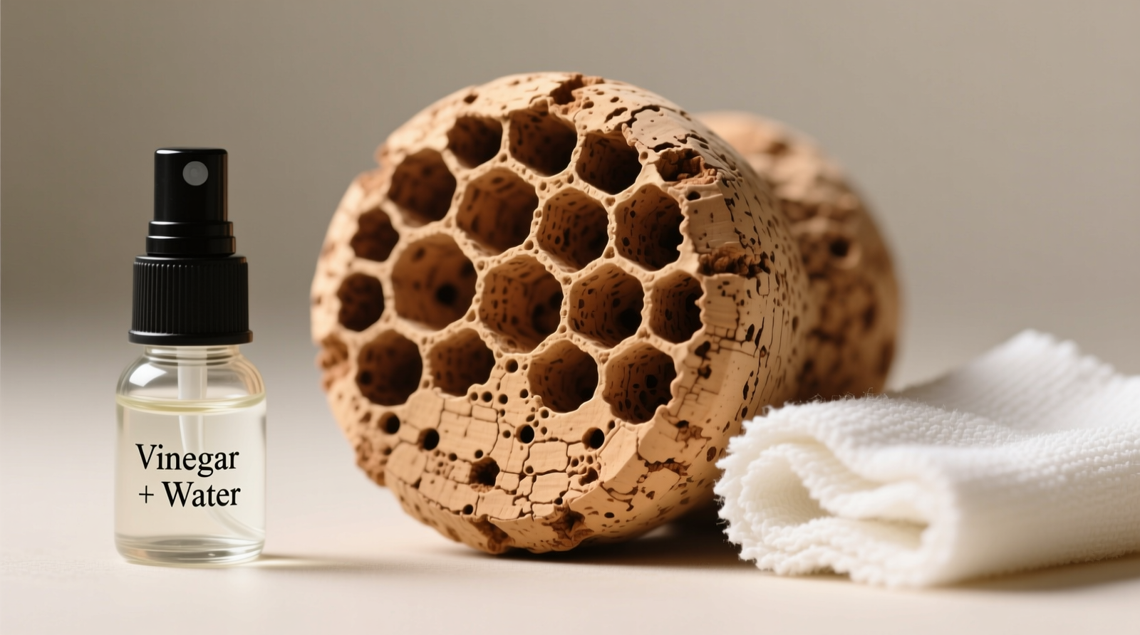 Close-up macro photograph of uncoated cork surface showing honeycomb cellular structure with visible suberin-rich cell walls, next to a clean microfiber cloth and small glass spray bottle labeled 'Vinegar + Water'