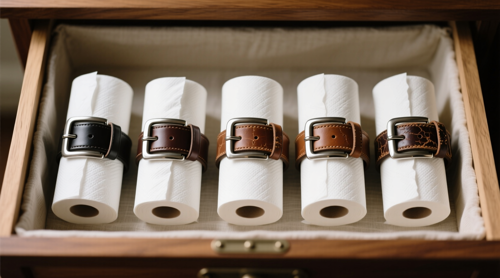 Close-up of three leather belts—black, brown, and navy—each suspended vertically on separate adjustable silicone loop hangers mounted on a brushed nickel closet rod; belts hang straight with no twisting, buckles aligned at same height, and ample spacing between loops to prevent contact.