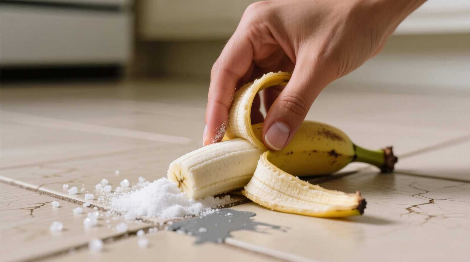 Close-up photo showing a hand rubbing the inner white side of a banana peel over a gray scuff mark on light beige vinyl flooring, with fine baking soda crystals visible just beside the treated area