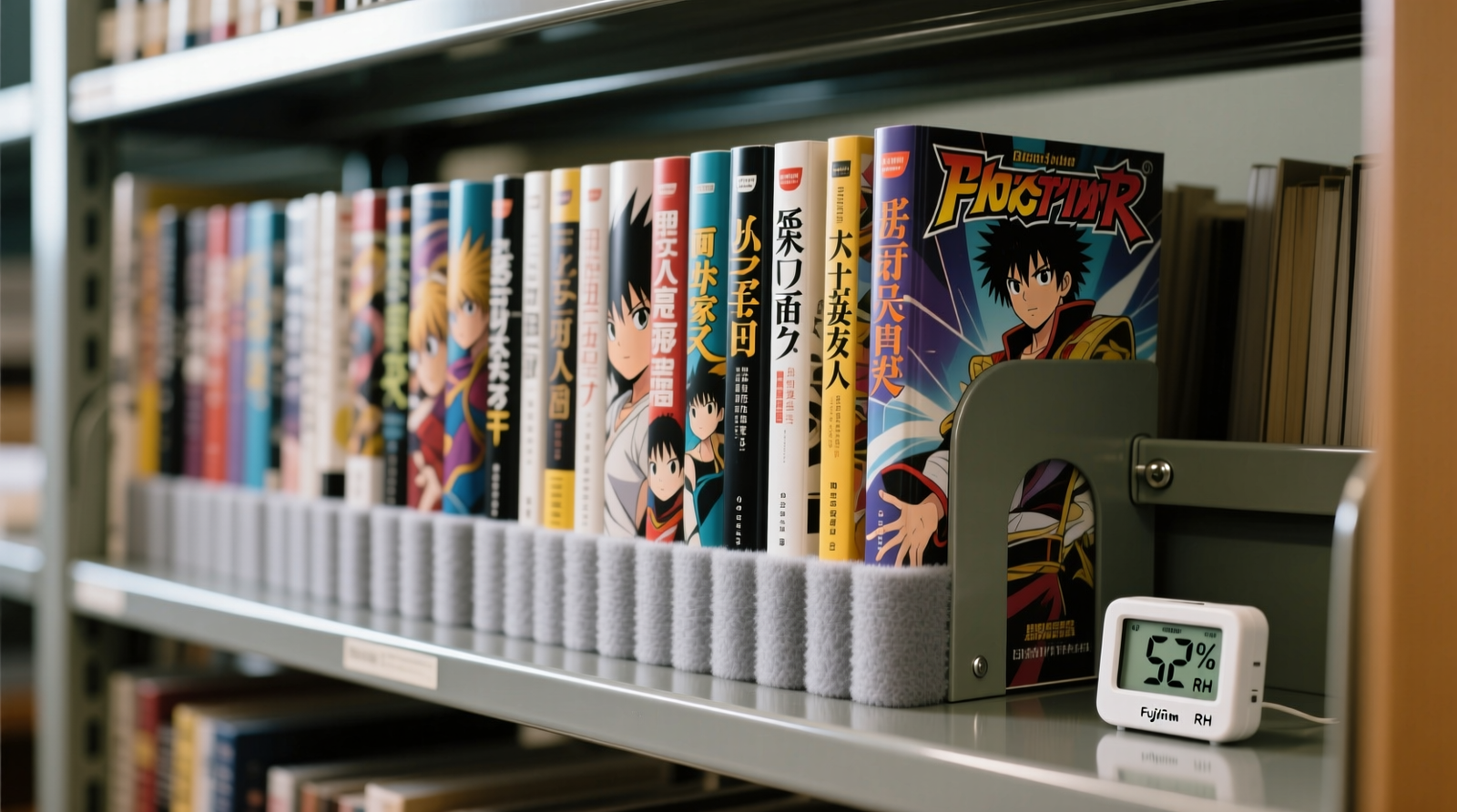 Close-up photo of manga volumes stored vertically on a level metal shelf with 4 mm gaps between spines, archival foam cradles visible at base, hygrometer mounted discreetly on shelf bracket