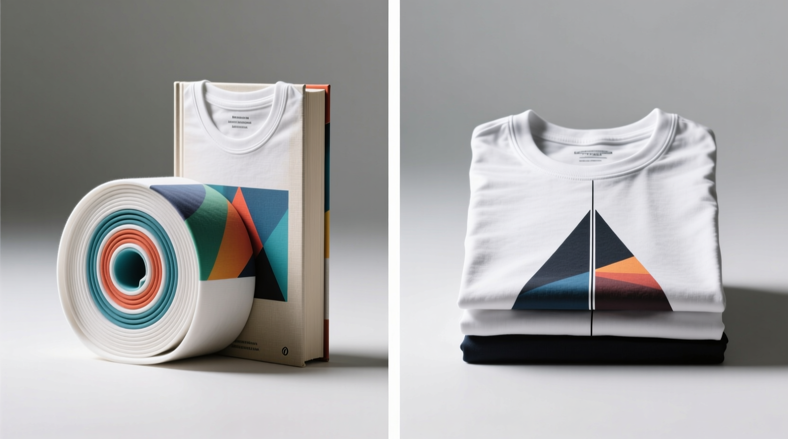 Side-by-side comparison: left shows a graphic tee folded with printer paper aligned beneath the chest print, hands smoothing outward; right shows the same tee fully folded in thirds, paper removed, lying flat with crisp print intact and zero visible fold line across artwork
